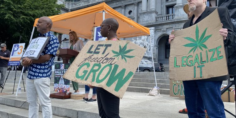 Supporters of legalizing cannabis for adult-use rally outside the state Capitol in Harrisburg on June 27, 2023.

Ed Mahon / Spotlight PA