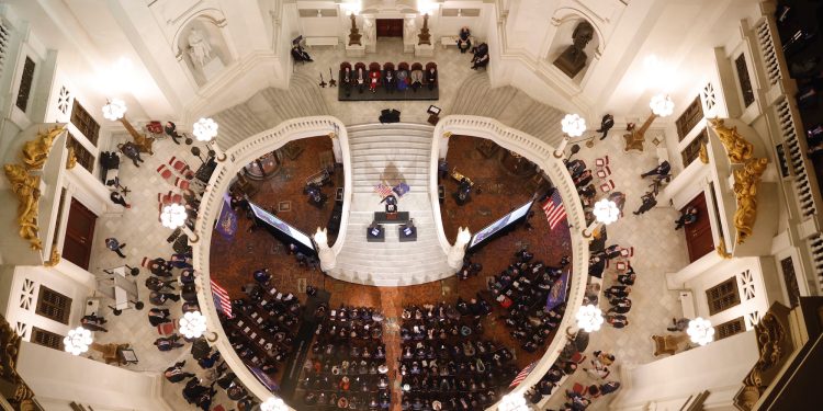 Gov. Josh Shapiro delivers his budget address in the Capitol rotunda on Feb. 6, 2024.

Commonwealth Media Services