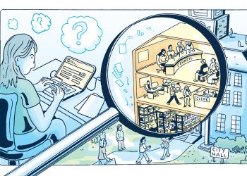 Illustration of a woman working at a laptop and a magnifying glass focused on local government offices.

Dan Nott / For Spotlight PA