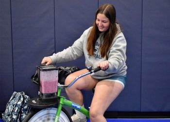 Penn State DuBois student Aleigha Geer pedals the smoothie bike during the 2023 Earth Day celebration at the PAW Center.

Credit: Penn State