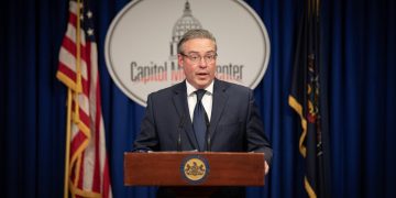 Secretary of the Commonwealth Al Schmidt held an in-person press conference surrounding Pennsylvania's primary election. Pictured here is a moment from the event.