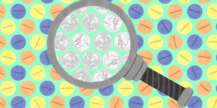 Illustration of a magnifying glass, showing pills changing to coins.

Daniel Fishel / For Spotlight PA