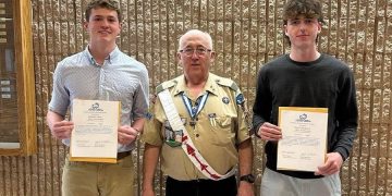 The Gerald Read Memorial Scholarship Committee marked 10 years of awarding scholarships to graduates of Clearfield Area Junior-Senior High School who have achieved the rank of Eagle Scout.   For 2024 the committee awarded two scholarships.   Pictured are Nicholas Vaow – recipient, Bill Guthridge – presenting on behalf of the committee and Warren Diethrick – recipient.