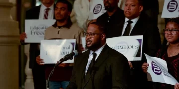 Rev. Joshua Robertson, senior pastor at The Rock Church in Harrisburg and founder of Black Pastors United for Education, speaking at a rally on June 11, 2024.

Black Pastors United for Education