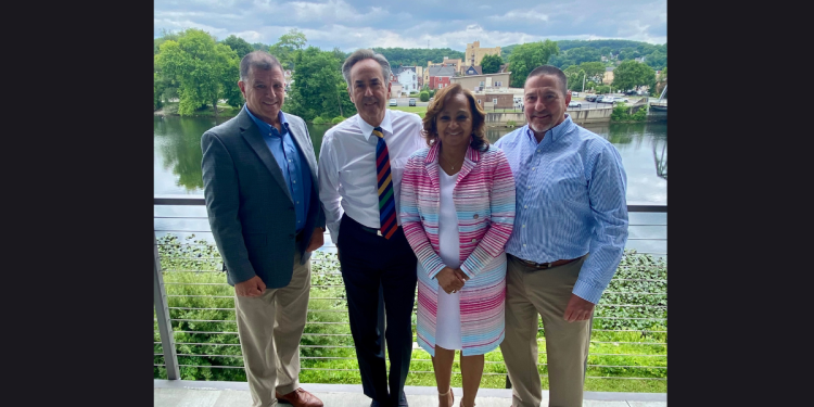 L to R: Michael Peduzzi, President and CEO of CNB Bank. Peter Smith, outgoing Chairperson and retiring Board Member. Renee Richard, retiring Board Member. Jeffrey Powell, current Chairperson of the Board of Directors, CNB Bank. (Provided Photo).