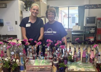 Shown on the longest day of the year with the pansies, cookies and individually decorated carnation bottles at Penn Highlands Elk Pinecrest Manor are (l. to r.) Danielle Heiberger, Adult Day Program Coordinator, Penn Highlands Adult Day Services, and Jeanette Stump, Facilitator for the Elk County Dementia Caregivers Support Group.