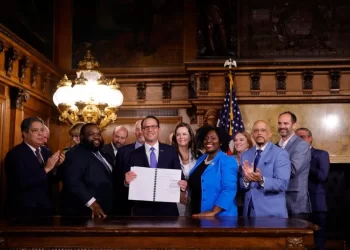 Gov. Josh Shapiro signs the 2024-25 budget, flanked by House and Senate Democrats, on July 11, 2024.

Commonwealth Media Services