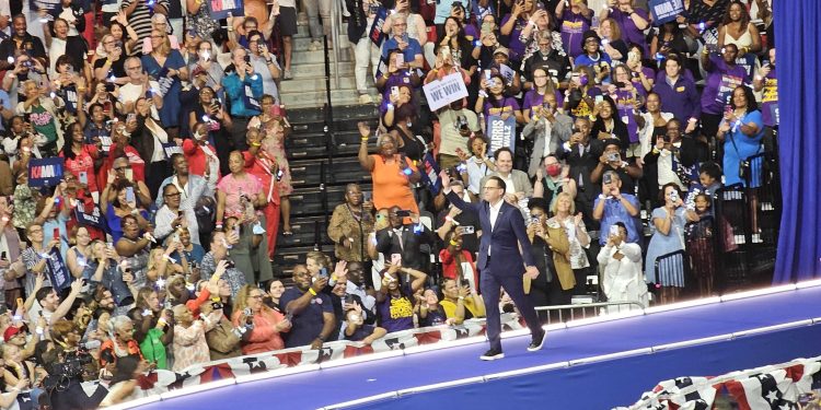 Pa. Gov. Josh Shapiro takes the stage at a Kamala Harris campaign event in Philadelphia.

Stephen Caruso / Spotlight PA