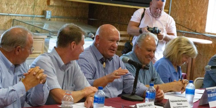 Among the events at Penn State's 2024 Ag Progress Days expo, Aug. 13-15, will be a farm bill forum hosted by the chair of the U.S. House Agriculture Committee, Rep. Glenn "GT" Thompson, third from left, shown here with state legislators at Ag Progress Days in 2023. Credit: Michael Houtz/College of Agricultural Sciences. All Rights Reserved.