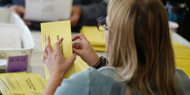 Workers sort mail-in ballots Nov. 7, 2023, at Northampton County Courthouse in Easton, Northampton County, Pennsylvania.

Matt Smith / For Spotlight PA