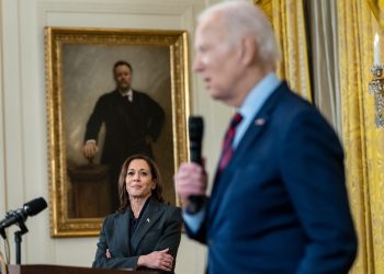 Vice President Kamala Harris looks on as President Joe Biden delivers remarks at a reception for new members of congress, Tuesday, January 24, 2023, in the East Room of the White House.

The White House