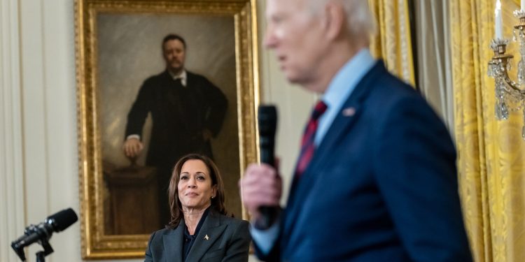 Vice President Kamala Harris looks on as President Joe Biden delivers remarks at a reception for new members of congress, Tuesday, January 24, 2023, in the East Room of the White House.

The White House