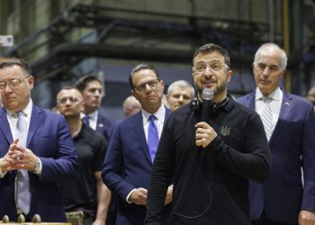 Ukraine President Volodymyr Zelenskyy with Gov. Josh Shapiro (D) and U.S. Sen. Bob Casey (D., Pa.) looking on.

Commonwealth Media Services