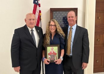 Rep. Thompson with Evelyn and Jim Piazza, parents of Tim Piazza.