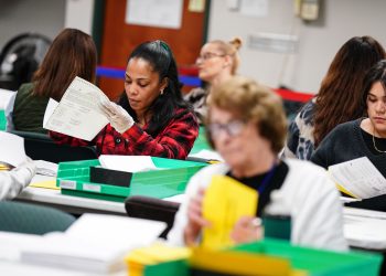 Workers sort mail ballots at the Lehigh County Government Center in Allentown on Nov. 8, 2022.

Matt Smith / For Spotlight PA