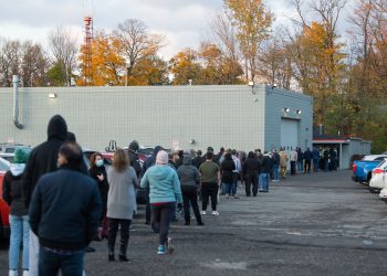 Voters stand in line at Belle Valley Fire Department in Erie County waiting to vote in person on Nov. 3, 2020.

Robert Frank / For Spotlight PA