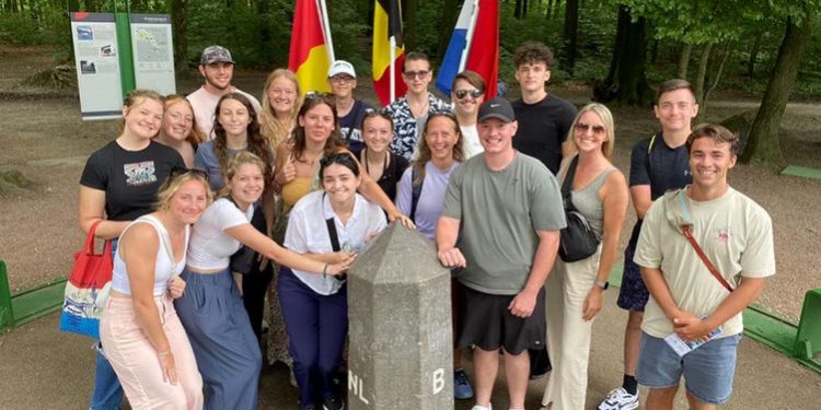 Students and trip advisers from Penn State DuBois gather for a group picture at the Three Country Point, where Germany, Belgium and the Netherlands meet.
Credit: Penn State