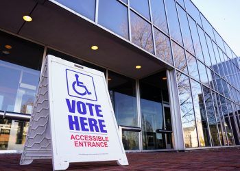 A voting sign outside Allentown Public Library in Lehigh County, Pennsylvania.

Matt Smith / For Spotlight PA