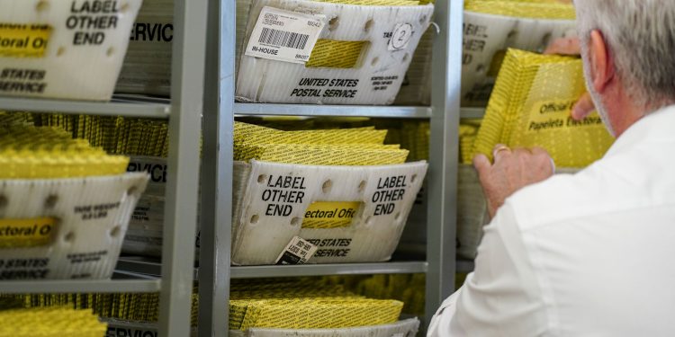 Workers sort mail ballots on Nov. 5, 2024, at Northampton County Courthouse in Easton, Pennsylvania.

Matt Smith / For Spotlight PA