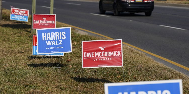 Campaign signs are displayed along Hellertown Road in Bethlehem, Northampton County, Pennsylvania.

Matt Smith / For Spotlight PA