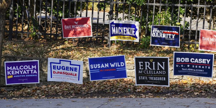 Campaign signs are shown outside Kirby Sports Center on Nov. 5, 2024, in Easton, Northampton County, Pennsylvania.

Matt Smith / For Spotlight PA